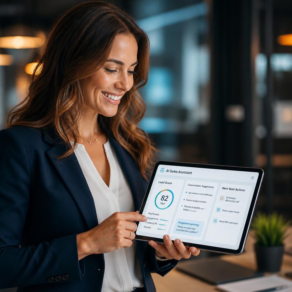 A_professional_salesperson_smiling_while_reviewing_AI-generated_insights