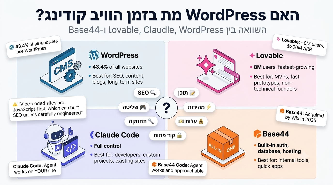 האם WordPress מת בזמן הוויב קודינג? השוואה בין WordPress, Lovable, Claude Code ו-Base44