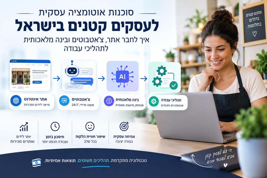 סוכנות אוטומציה עסקית לעסקים קטנים בישראל – איך לחבר אתר, צ׳אטבוטים ובינה מלאכותית לתהליכי עבודה