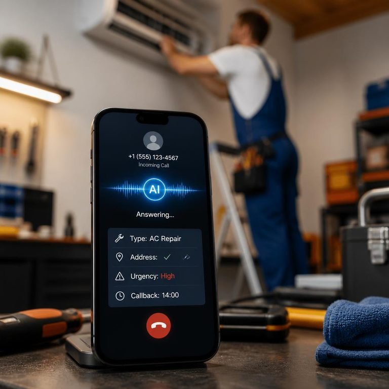 a smartphone on a workbench, screen showing an incoming call being answered by a glowing AI voice wave icon, with a clean checklist appearing: "Type: AC Repair", "Address: ✓", "Urgency: High", "Callback: 14:00". In the background (blurred): A technician in blue overalls on a ladder fixing an air conditioner, clearly busy and focused, unable to answer the phone.