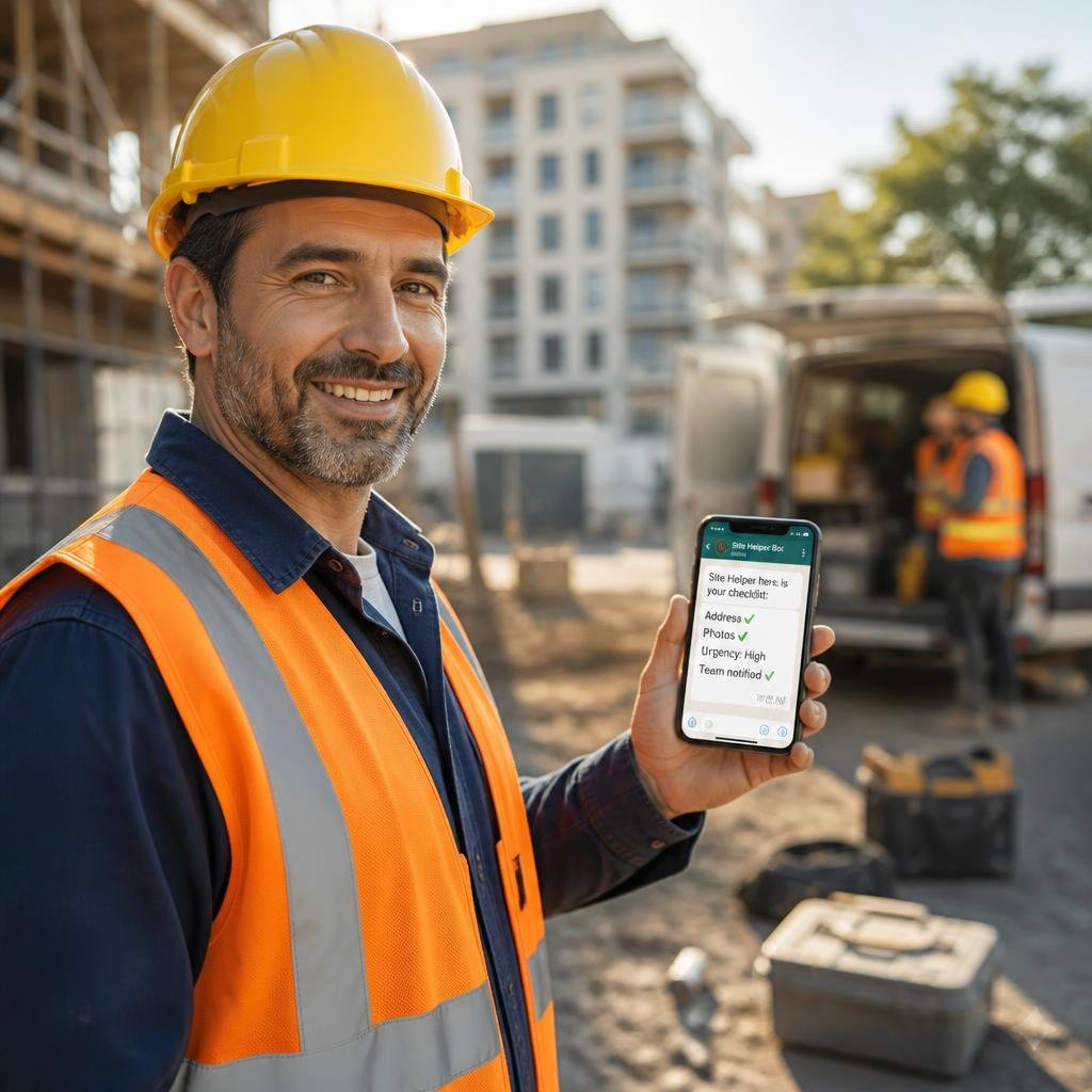 Photorealistic_image._A_contractor_in_a_yellow_hard_hat_and_work_vest_stands_on working platform
